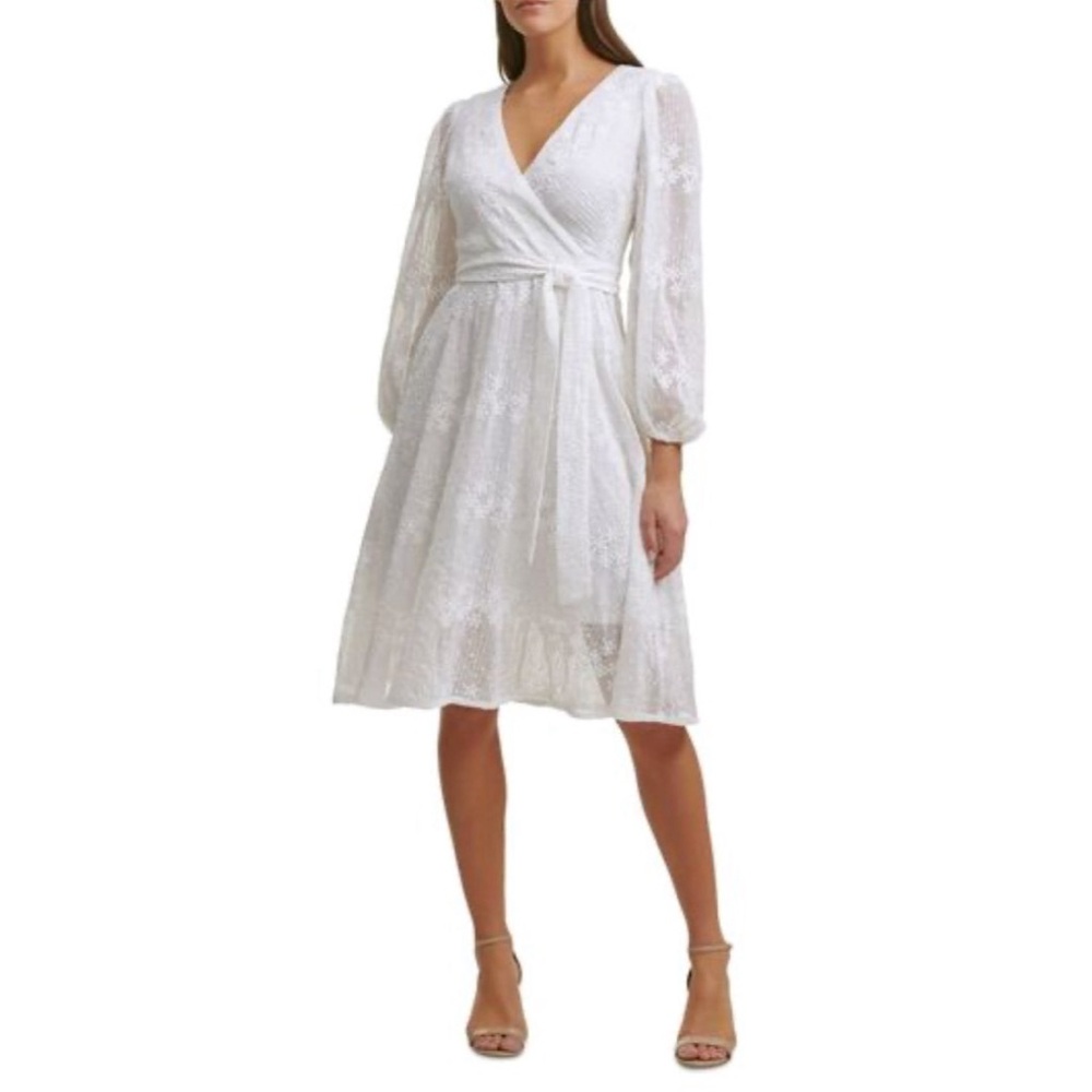 KENSIE Womens White Tie Belt Lined Knee Length Faux Wrap Dress Size 6